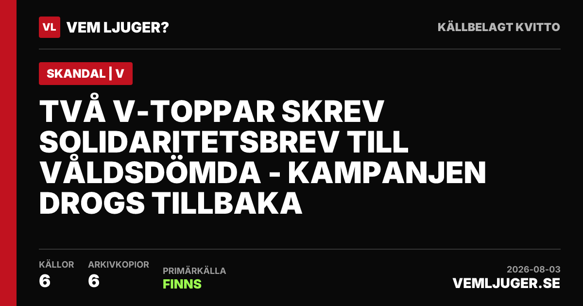 Delningskort: Två V-toppar skrev solidaritetsbrev till våldsdömda - kampanjen drogs tillbaka